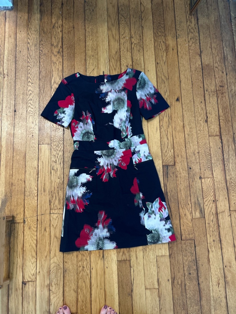 FrenchConnection Floral  Short-Sleeve Dress - Navy with Red & White Accents